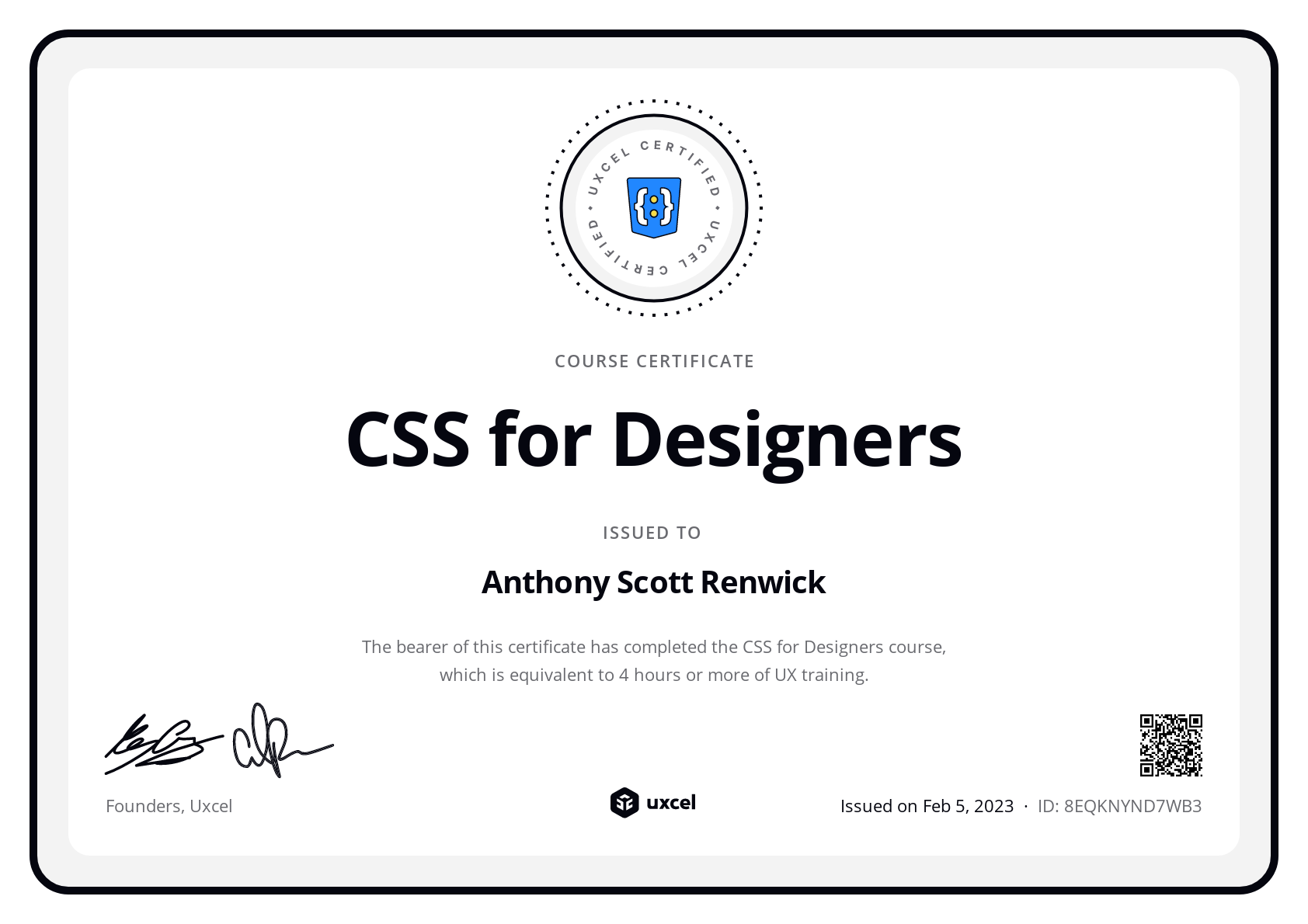 Anthony Scott Renwick's certificate